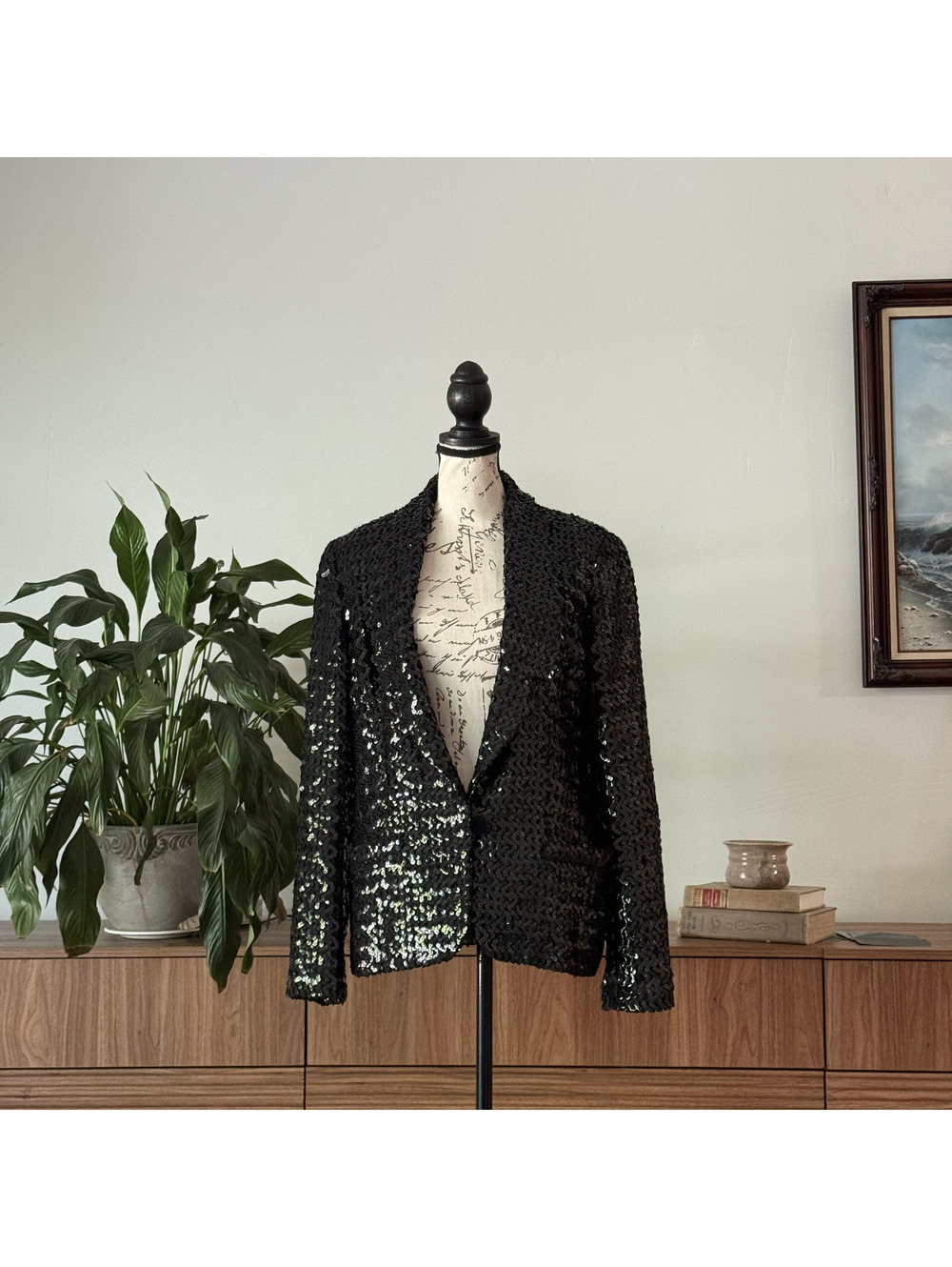 Vintage 90s Les Copains Couture 42/11 Black Sequin Jacket Made in Italy Blazer